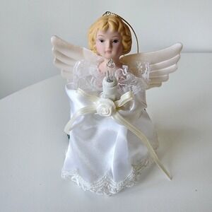Angel Tree Topper Lighted Light White Porcelain Face Doll Lace Fabric  Christmas